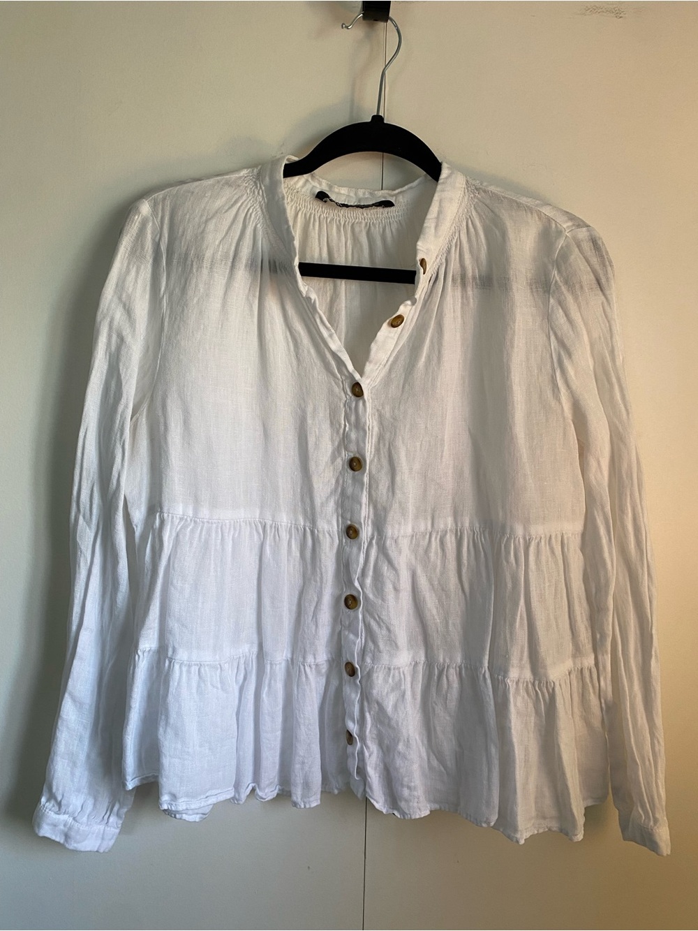 Zara White Tiered Linen Blouse Featuring Wooden Button Details